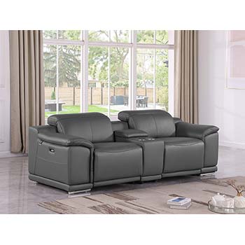 DivanItalia - Global United Furniture 9762, 3 piece Power Reclining Top Grain Italian Leather Loveseat with Console in Dark Gray color.