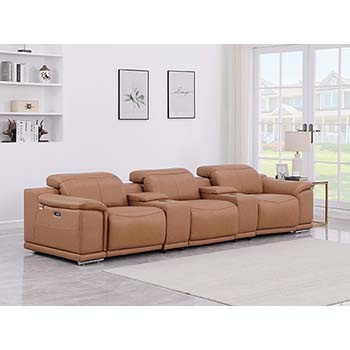 DivanItalia - Global United Furniture 9762, 5 piece Power Reclining Top Grain Italian Leather Sofa with Console Set in Cognac color.