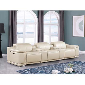 DivanItalia - Global United Furniture 9762, 5 piece Power Reclining Top Grain Italian Leather Sofa with Console Set in Beige color.