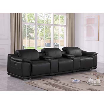 DivanItalia - Global United Furniture 9762, 5 piece Power Reclining Top Grain Italian Leather Sofa with Console Set in Black color.