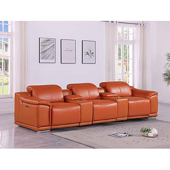 DivanItalia - Global United Furniture 9762, 5 piece Power Reclining Top Grain Italian Leather Sofa with Console Set in Camel color.