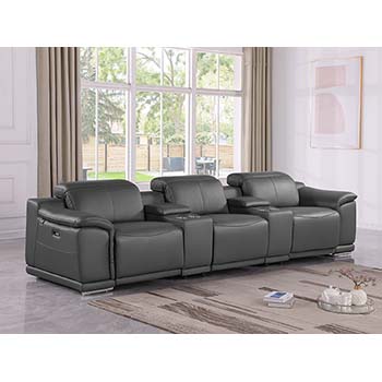 DivanItalia - Global United Furniture 9762, 5 piece Power Reclining Top Grain Italian Leather Sofa with Console Set in Dark Gray color.