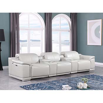 DivanItalia - Global United Furniture 9762, 5 piece Power Reclining Top Grain Italian Leather Sofa with Console Set in Light Gray color.