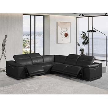 DivanItalia - Global United Furniture 9762, Top Grain Italian Leather Sectional, 5 pieces with 3-Power Recliners in Black color.