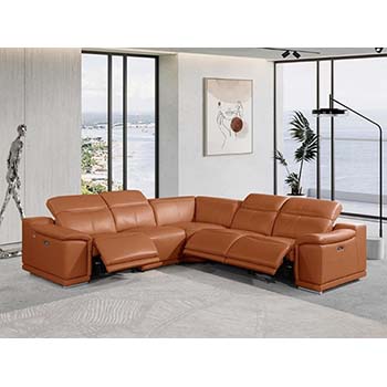 DivanItalia - Global United Furniture 9762, Top Grain Italian Leather Sectional, 5 pieces with 3-Power Recliners in Camel color.