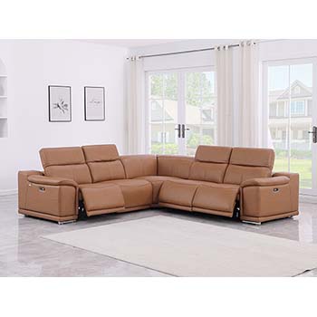 DivanItalia - Global United Furniture 9762, Top Grain Italian Leather Sectional, 5 pieces with 3-Power Recliners in Cognac color.