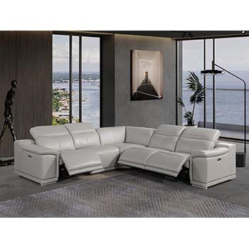 DivanItalia - Global United Furniture 9762, Top Grain Italian Leather Sectional, 5 pieces with 3-Power Recliners in Light Gray color.