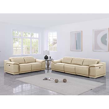 DivanItalia - Global United Furniture 9762, 5 piece Power Reclining Top Grain Italian Leather Sofa & Loveseat in Beige color.