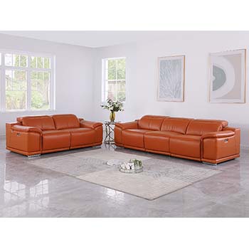 DivanItalia - Global United Furniture 9762, 5 piece Power Reclining Top Grain Italian Leather Sofa & Loveseat in Camel color.