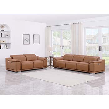 DivanItalia - Global United Furniture 9762, 5 piece Power Reclining Top Grain Italian Leather Sofa & Loveseat in Cognac color.