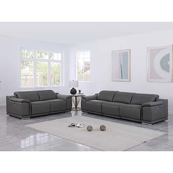 DivanItalia - Global United Furniture 9762, 5 piece Power Reclining Top Grain Italian Leather Sofa & Loveseat in Dark Gray color.