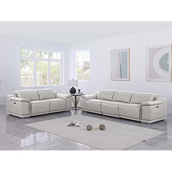 DivanItalia - Global United Furniture 9762, 5 piece Power Reclining Top Grain Italian Leather Sofa & Loveseat in Light Gray color.