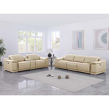 DivanItalia - Global United Furniture 9762, 6 piece Power Reclining Top Grain Italian Leather Sofa & Loveseat with Console in Beige color.