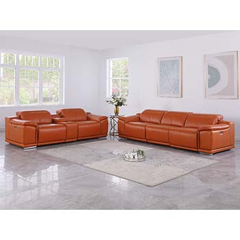 DivanItalia - Global United Furniture 9762, 6 piece Power Reclining Top Grain Italian Leather Sofa & Loveseat with Console in Camel color.