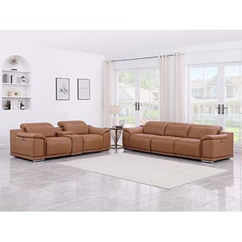 DivanItalia - Global United Furniture 9762, 6 piece Power Reclining Top Grain Italian Leather Sofa & Loveseat with Console in Cognac color.