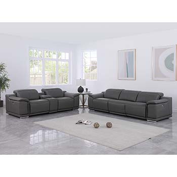 DivanItalia - Global United Furniture 9762, 6 piece Power Reclining Top Grain Italian Leather Sofa & Loveseat with Console in Dark Gray color.