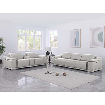 DivanItalia - Global United Furniture 9762, 6 piece Power Reclining Top Grain Italian Leather Sofa & Loveseat with Console in Light Gray color.