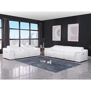 DivanItalia - Global United Furniture 9762, 6 piece Power Reclining Top Grain Italian Leather Sofa & Loveseat with Console in White color.