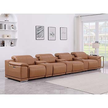 DivanItalia - Global United Furniture 9762, 7 piece Power Reclining Top Grain Italian Leather Sofa with Console Set in Cognac color.