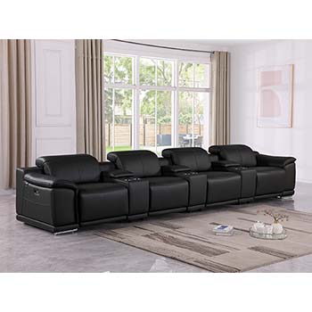 DivanItalia - Global United Furniture 9762, 7 piece Power Reclining Top Grain Italian Leather Sofa with Console Set in Black color.