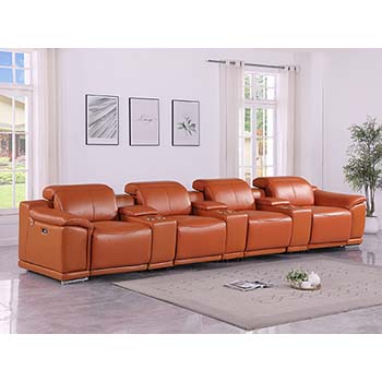 DivanItalia - Global United Furniture 9762, 7 piece Power Reclining Top Grain Italian Leather Sofa with Console Set in Camel color.