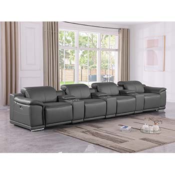 DivanItalia - Global United Furniture 9762, 7 piece Power Reclining Top Grain Italian Leather Sofa with Console Set in Dark Gray color.