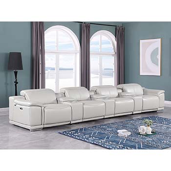 DivanItalia - Global United Furniture 9762, 7 piece Power Reclining Top Grain Italian Leather Sofa with Console Set in Light Gray color.