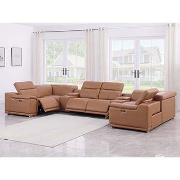 DivanItalia - Global United Furniture 9762, Top Grain Italian Leather Sectional, 8 pieces with 2-Power Recliners & Console Set in Cognac color.