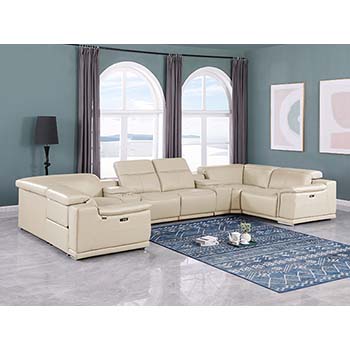 DivanItalia - Global United Furniture 9762, Top Grain Italian Leather Sectional, 8 pieces with 2-Power Recliners & Console Set in Beige color.