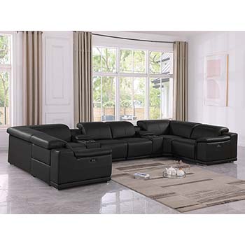 DivanItalia - Global United Furniture 9762, Top Grain Italian Leather Sectional, 8 pieces with 2-Power Recliners & Console Set in Black color.