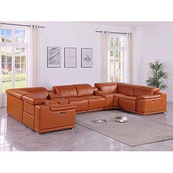 DivanItalia - Global United Furniture 9762, Top Grain Italian Leather Sectional, 8 pieces with 2-Power Recliners & Console Set in Camel color.