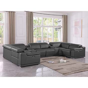 DivanItalia - Global United Furniture 9762, Top Grain Italian Leather Sectional, 8 pieces with 2-Power Recliners & Console Set in Dark Gray color.