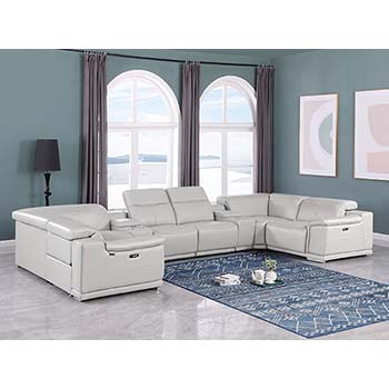 DivanItalia - Global United Furniture 9762, Top Grain Italian Leather Sectional, 8 pieces with 2-Power Recliners & Console Set in Light Gray color.