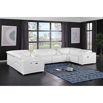 DivanItalia - Global United Furniture 9762, Top Grain Italian Leather Sectional, 8 pieces with 2-Power Recliners & Console Set in White color.