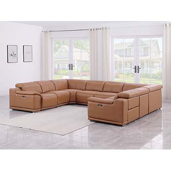 DivanItalia - Global United Furniture 9762, Top Grain Italian Leather Sectional, 8 pieces with 4-Power Recliners in Cognac color.