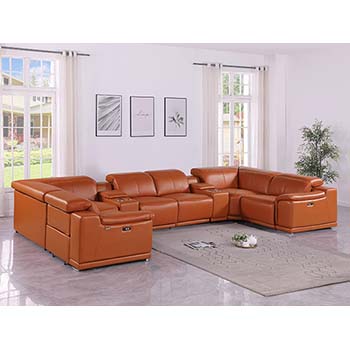 DivanItalia - Global United Furniture 9762, Top Grain Italian Leather Sectional, 8 pieces with 4-Power Recliners & Console Set in Camel color.