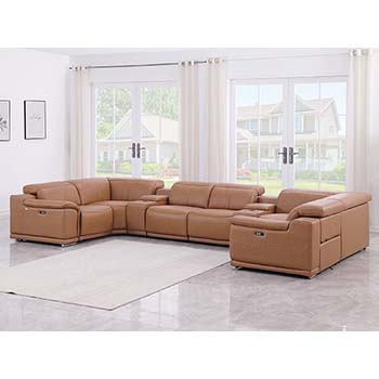 DivanItalia - Global United Furniture 9762, Top Grain Italian Leather Sectional, 8 pieces with 4-Power Recliners & Console Set in Cognac color.