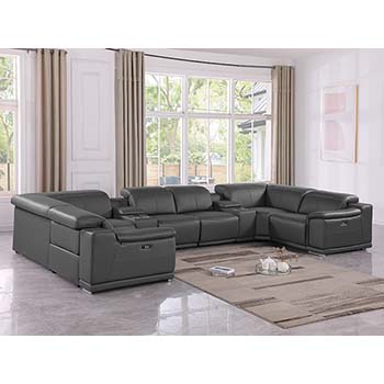 DivanItalia - Global United Furniture 9762, Top Grain Italian Leather Sectional, 8 pieces with 4-Power Recliners & Console Set in Dark Gray color.