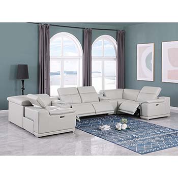 DivanItalia - Global United Furniture 9762, Top Grain Italian Leather Sectional, 8 pieces with 4-Power Recliners & Console Set in Light Gray color.