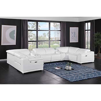 DivanItalia - Global United Furniture 9762, Top Grain Italian Leather Sectional, 8 pieces with 4-Power Recliners & Console Set in White color.