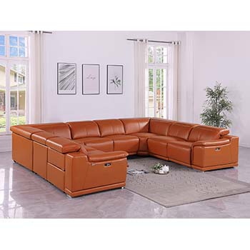 DivanItalia - Global United Furniture 9762, Top Grain Italian Leather Sectional, 8 pieces with 4-Power Recliners in Camel color.