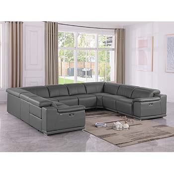 DivanItalia - Global United Furniture 9762, Top Grain Italian Leather Sectional, 8 pieces with 4-Power Recliners in Dark Gray color.