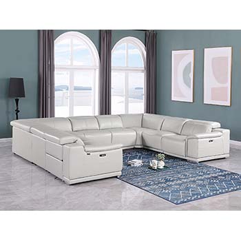 DivanItalia - Global United Furniture 9762, Top Grain Italian Leather Sectional, 8 pieces with 4-Power Recliners in Light Gray color.