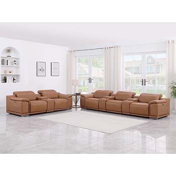 DivanItalia - Global United Furniture 9762, 8 piece Power Reclining Top Grain Italian Leather Sofa & Loveseat with Console Set in Cognac color.