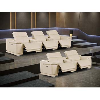 DivanItalia - Global United Furniture 9762, 8 piece Power Reclining Top Grain Italian Leather Sofa & Loveseat with Console Set in Beige color.