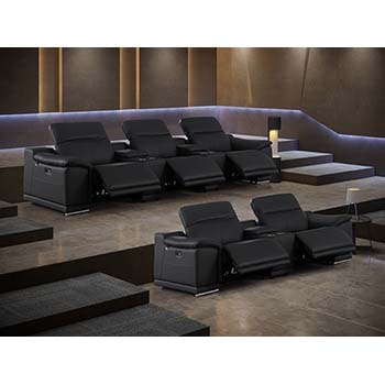 DivanItalia - Global United Furniture 9762, 8 piece Power Reclining Top Grain Italian Leather Sofa & Loveseat with Console Set in Black color.