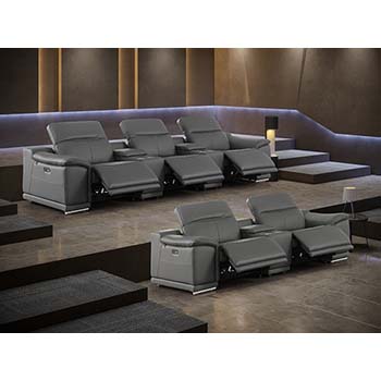 DivanItalia - Global United Furniture 9762, 8 piece Power Reclining Top Grain Italian Leather Sofa & Loveseat with Console Set in Dark Gray color.