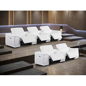 DivanItalia - Global United Furniture 9762, 8 piece Power Reclining Top Grain Italian Leather Sofa & Loveseat with Console Set in White color.