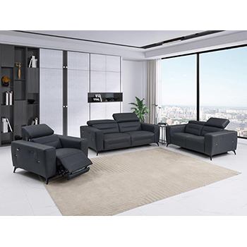 DivanItalia - Global United Furniture 989, Power Reclining Top Grain Italian Leather Sofa & Loveseat & Chair Set in Dark Gray color.