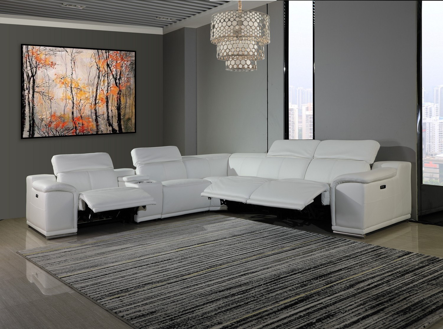 Global United Furniture 9762 White Genuine Italian Leather 3 Power Reclining 6pc Sectional With